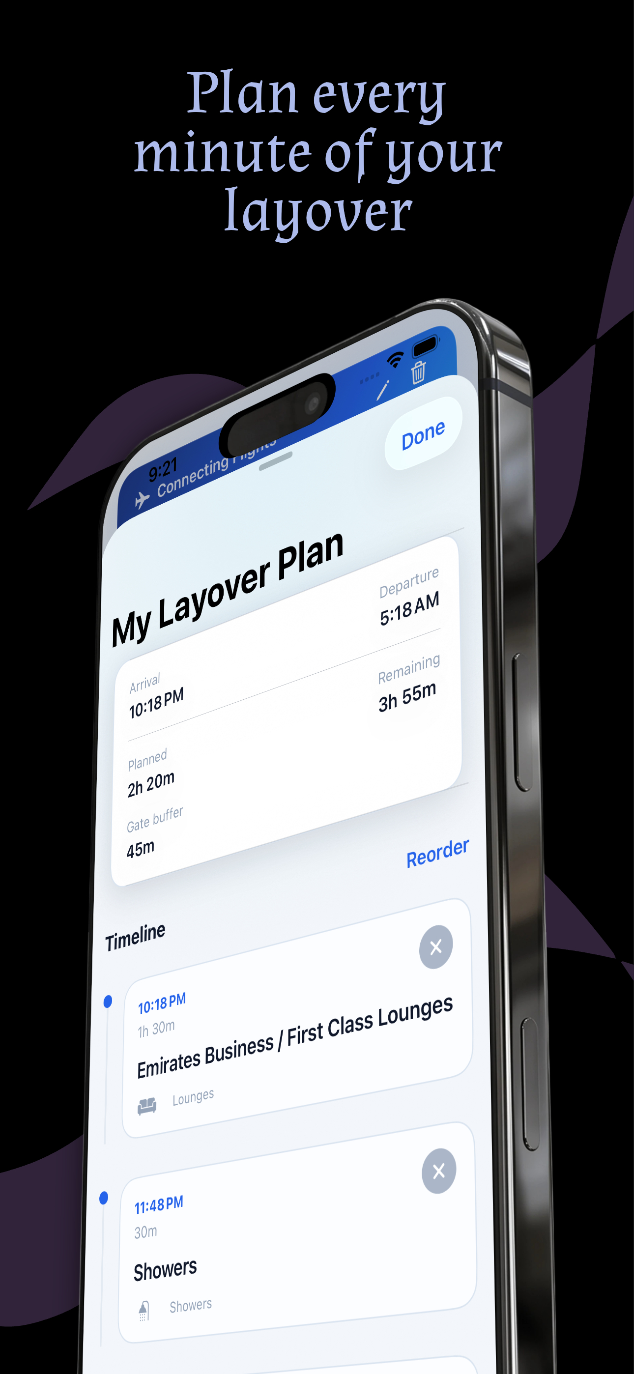 LayoverBuddy airport amenities screen